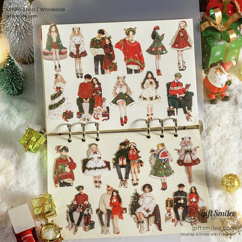 Sticker sheet featuring holiday-themed couples in vibrant Christmas outfits and decor
