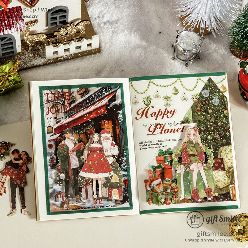 Open scrapbook with holiday couple stickers and Christmas-themed pages