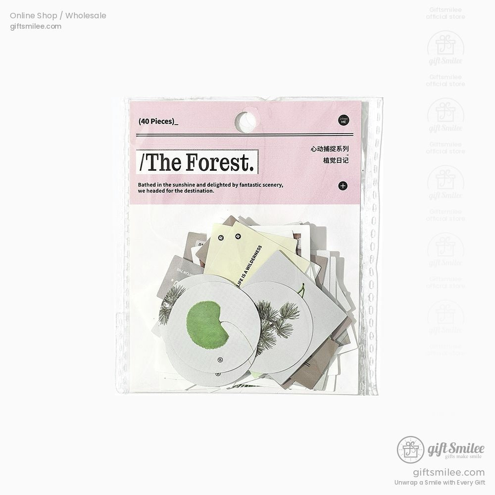 Product packaging of The Forest sticker set, highlighting nature-themed designs for creative purposes