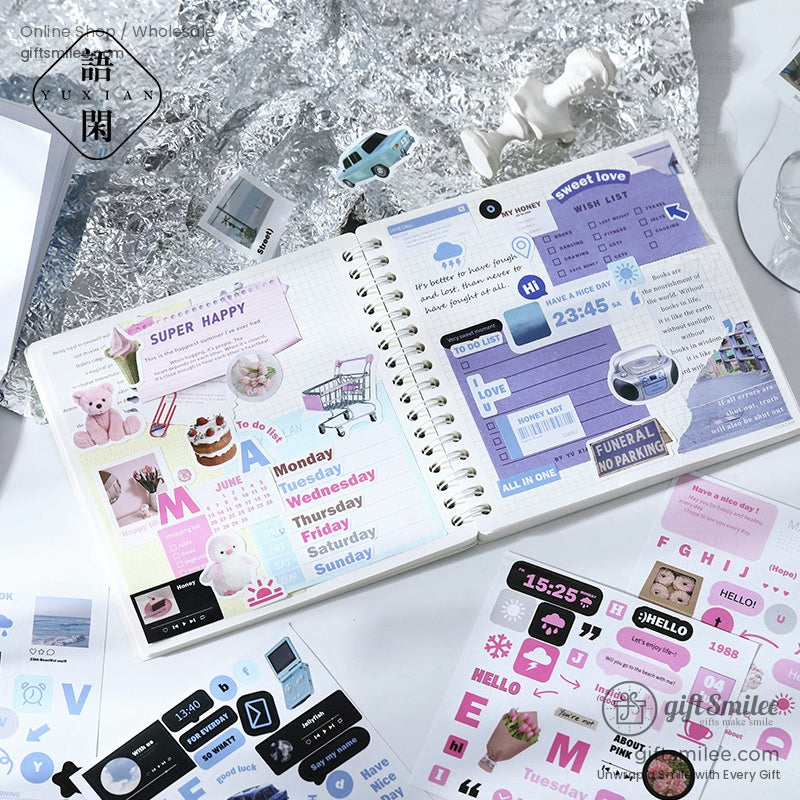 A scrapbook journal decorated with Collage Freedom stickers, showcasing creative layouts