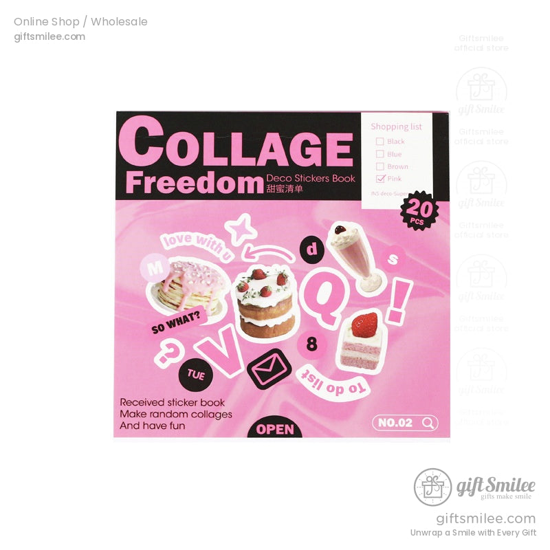 A pink Collage Freedom sticker book with fun dessert-themed designs and aesthetic elements