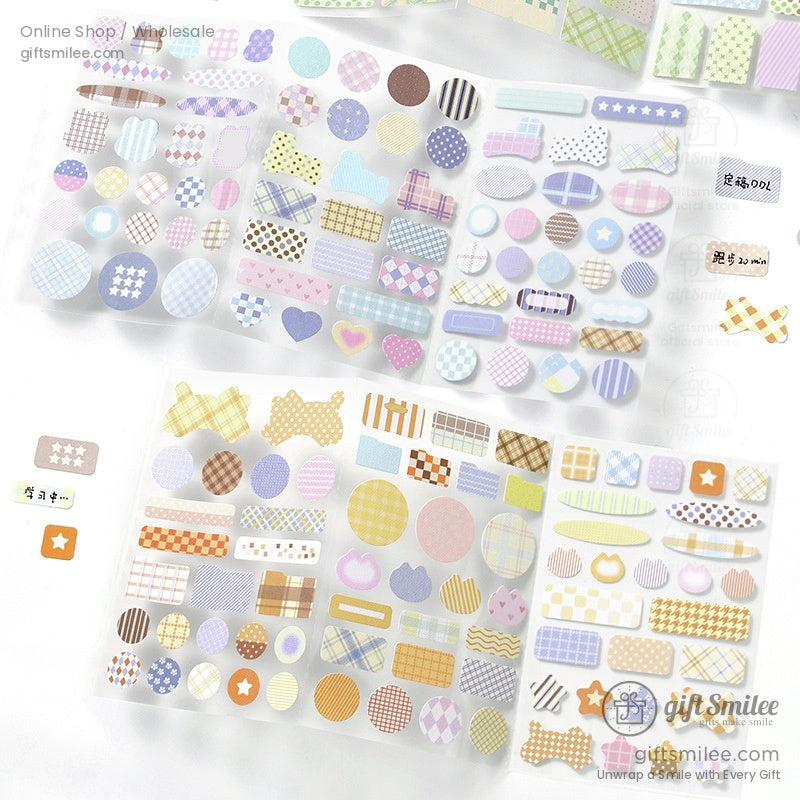 Sheet of pastel gingham and plaid decorative stickers in various shapes for journaling