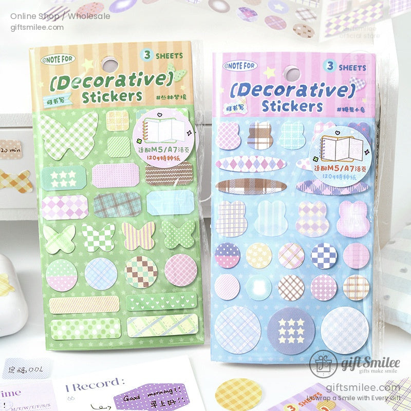 Sheet of pastel gingham and plaid decorative stickers in various shapes for journaling