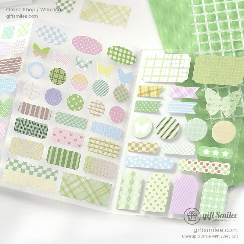 Green pastel gingham and plaid stickers with butterfly and circle designs for scrapbooking