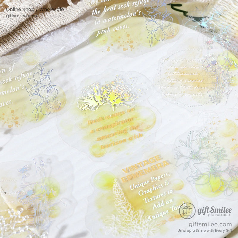 Transparent floral stickers featuring vintage-inspired yellow and white flower designs on a textured background