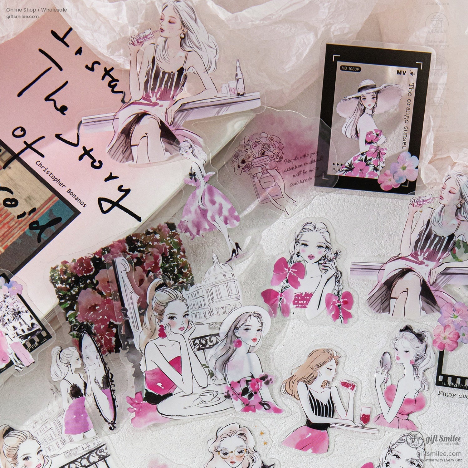Close-up of retro aesthetic stickers with elegant women, floral designs, and chic coffee shop scenes