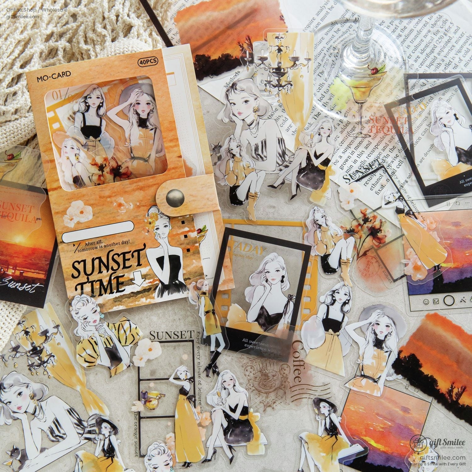 Sunset-themed stickers in warm tones with vintage fashion, elegant women, and decorative elements