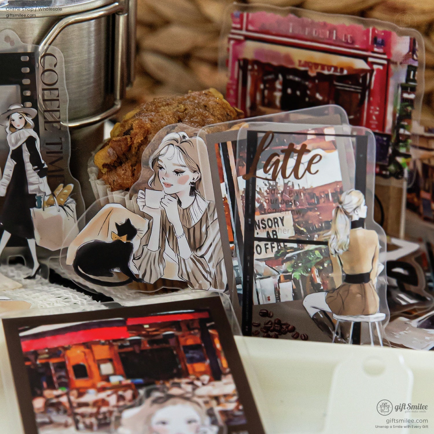 Coffee and city-themed retro stickers featuring urban landscapes, black cats, and stylish outfits