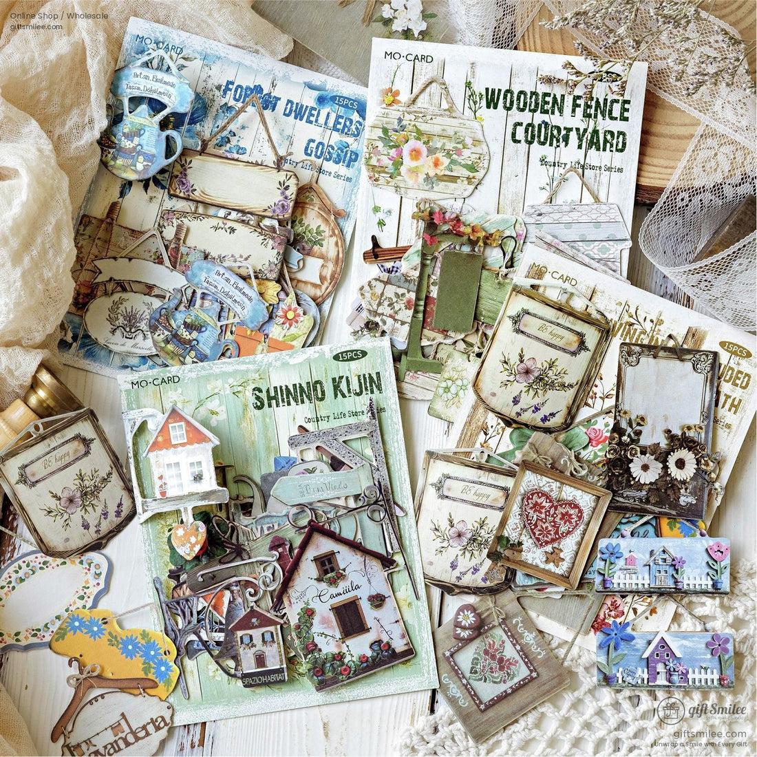 A collection of rustic vintage home sign stickers on a dark journal background