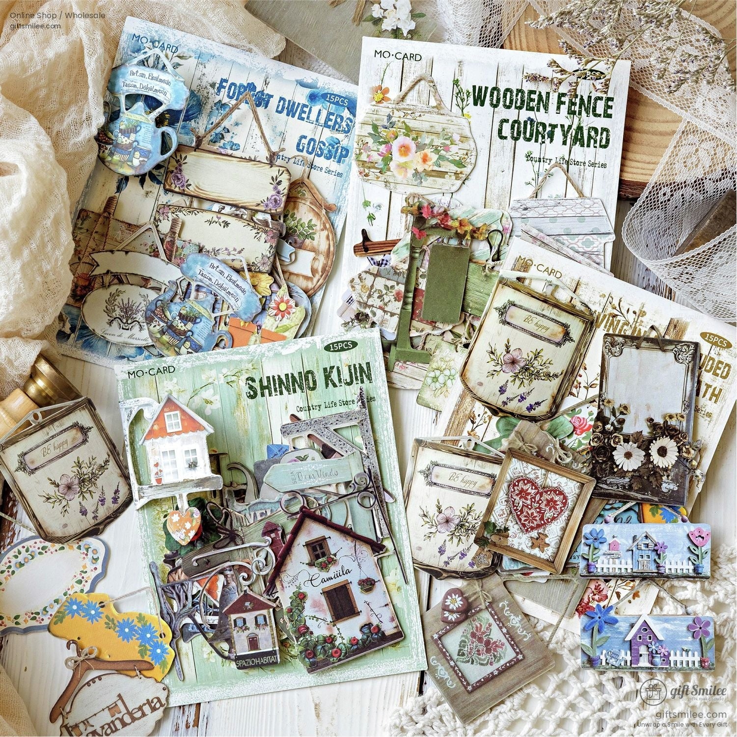 Various die-cut stickers arranged with packaging featuring country and garden themes