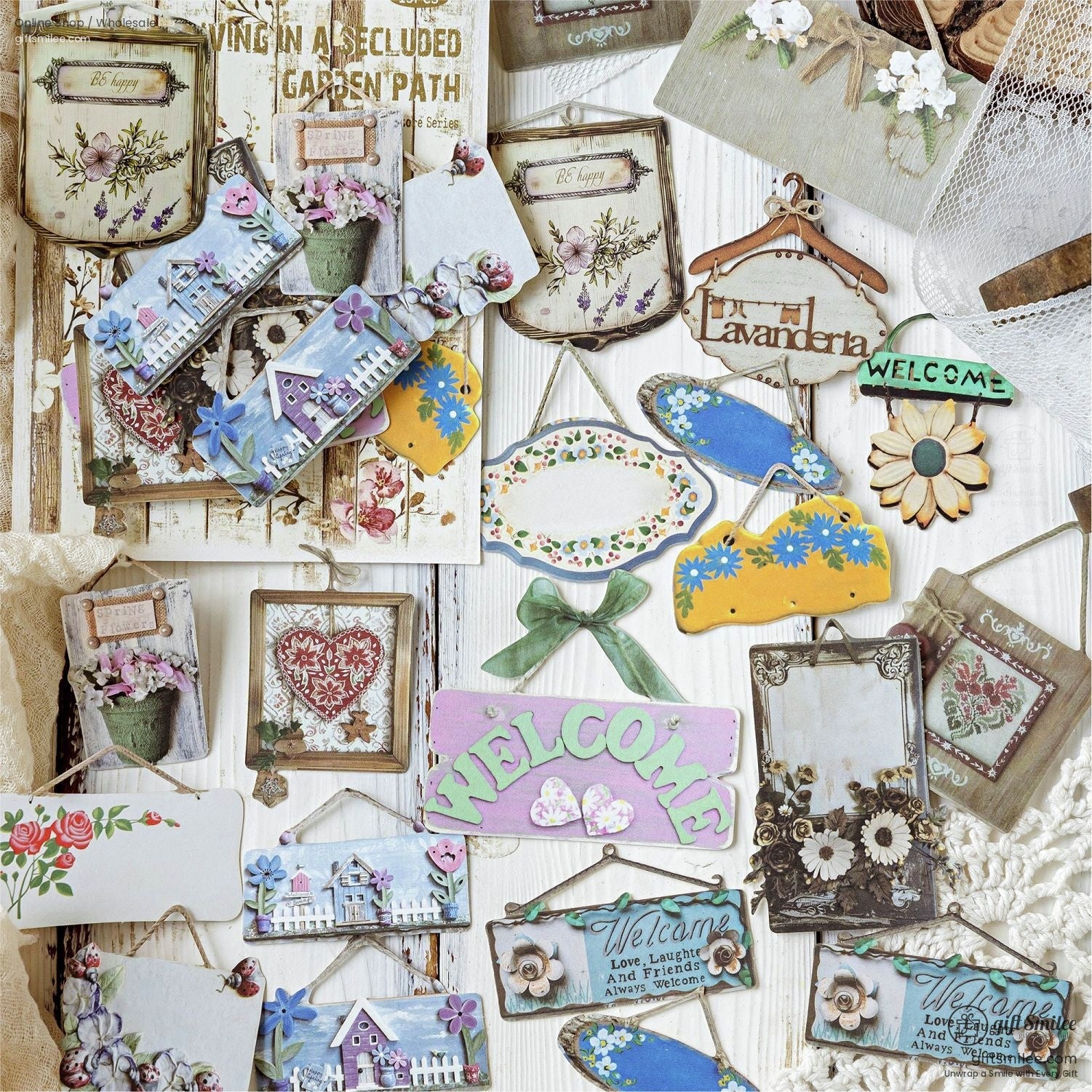 Close-up of vintage-inspired stickers with floral, Welcome, and heart details