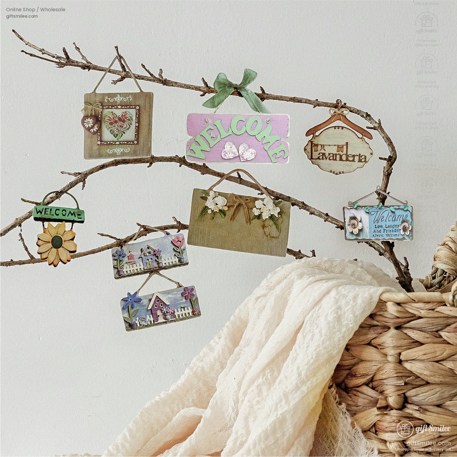 Rustic sign stickers displayed on a branch and basket in a cozy home setup