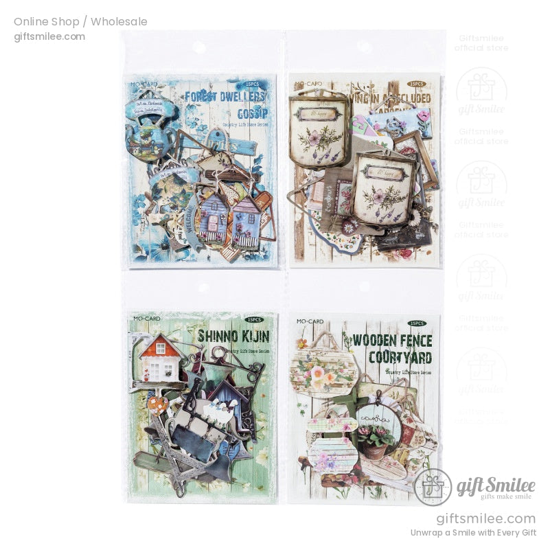 Packaged sets of country life sticker themes, including Forest Dwellers Gossip, Garden Path, and Shinno Kijin