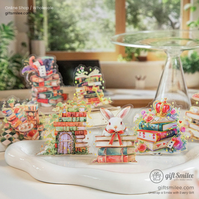A whimsical collection of stickers depicting books, a rabbit, and floral crowns in a cozy setting