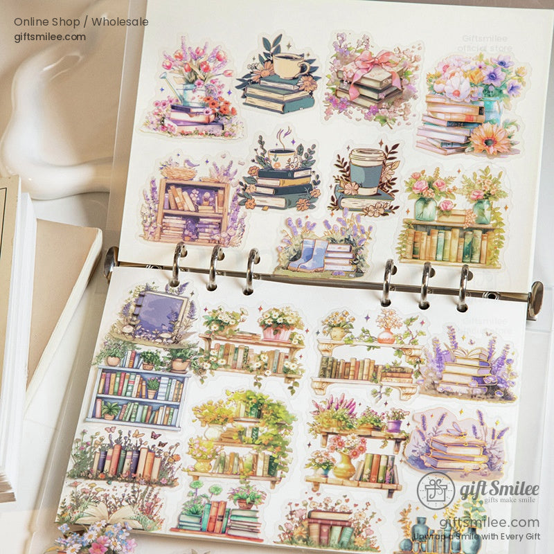 Assorted bookish stickers featuring bookshelves, floral accents, and coffee cups, perfect for journaling or scrapbooking
