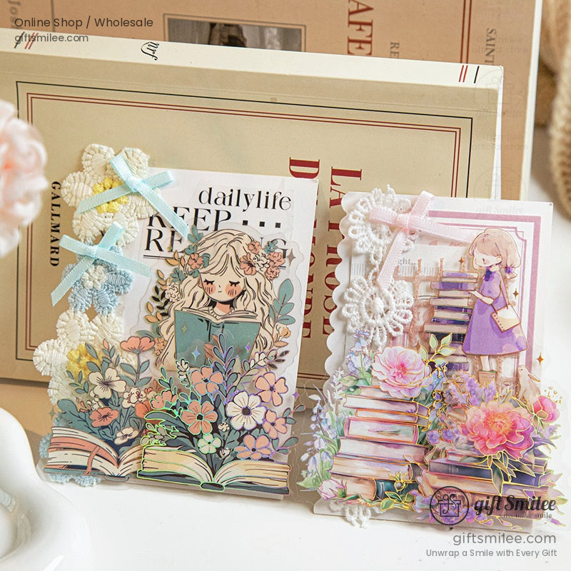 Two intricate sticker designs with floral book motifs and fairytale-inspired characters for stationery lovers