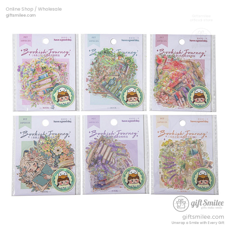 Packaged sets of book-themed stickers in vibrant holographic designs with a vintage floral aesthetic