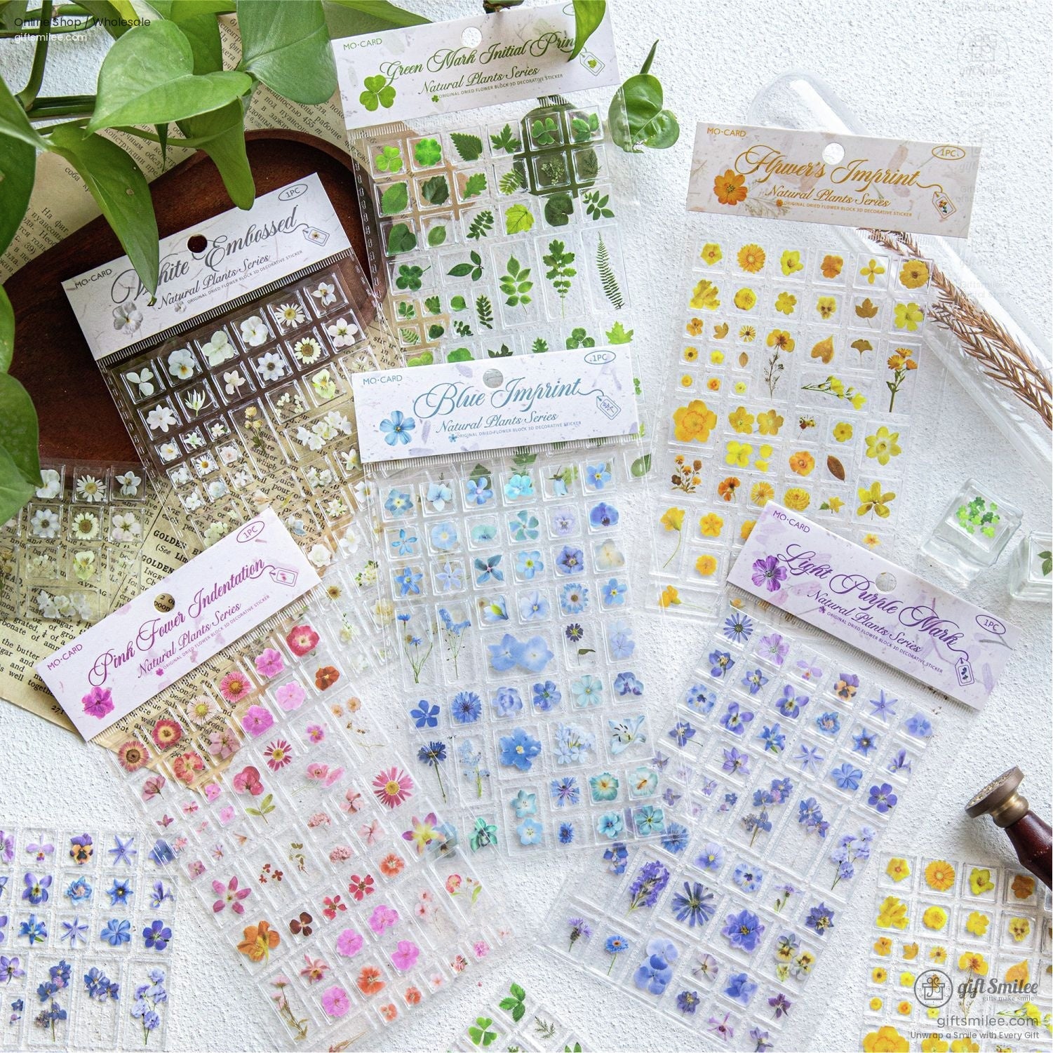 A variety of natural floral and leaf transparent sticker sheets displayed on a table with green plants