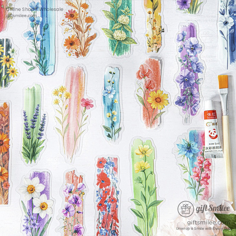 A collection of watercolor flower stickers featuring vibrant floral designs like lavender, daisies, and wildflowers