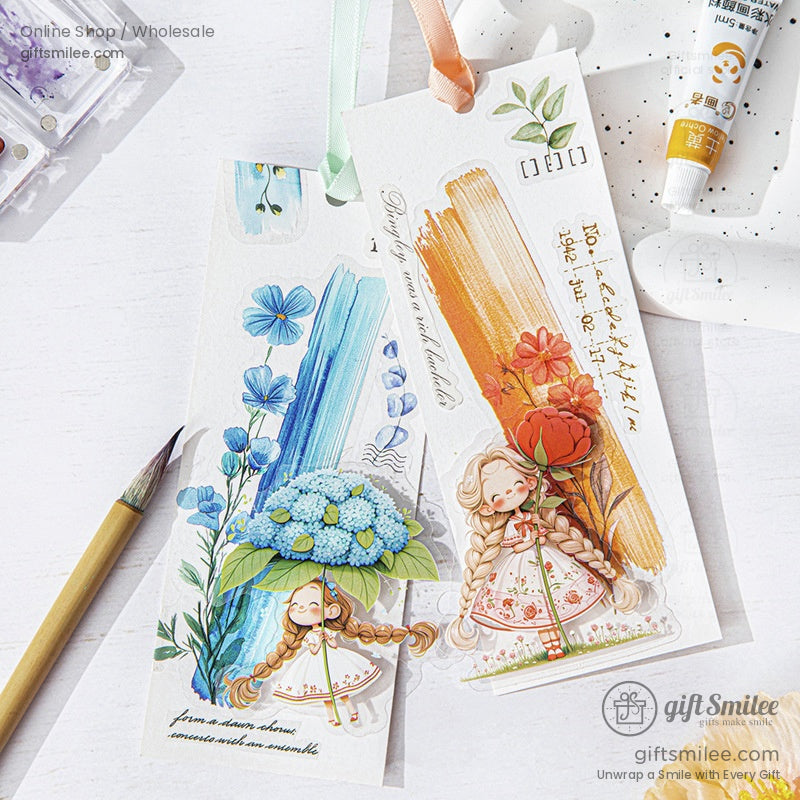 Bookmarks adorned with artistic watercolor floral stickers and charming designs