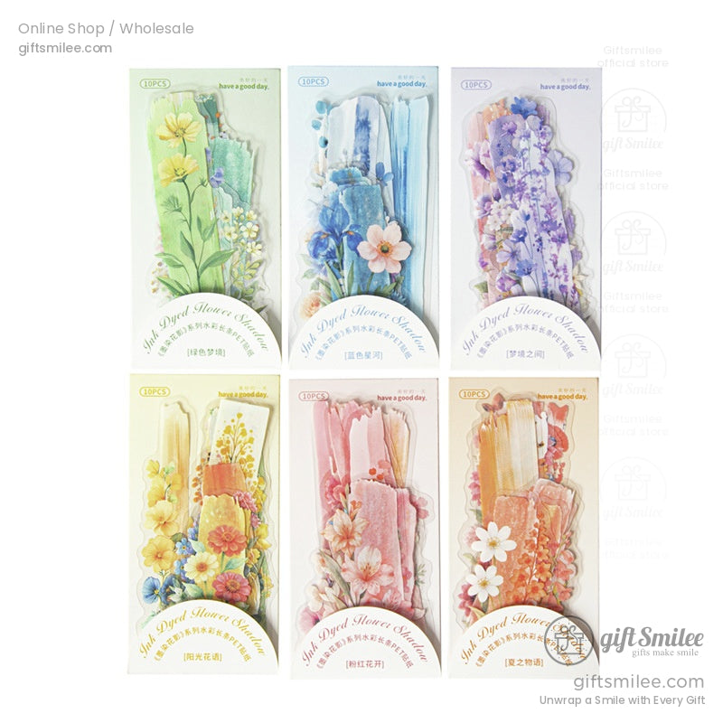 Six packs of ink-dyed floral sticker sets in various botanical designs and pastel tones