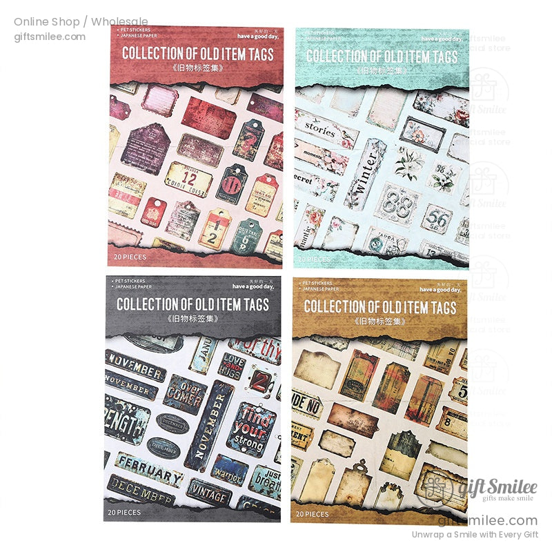 Assorted retro scrapbook supplies featuring antique labels and ephemera tags against a white background