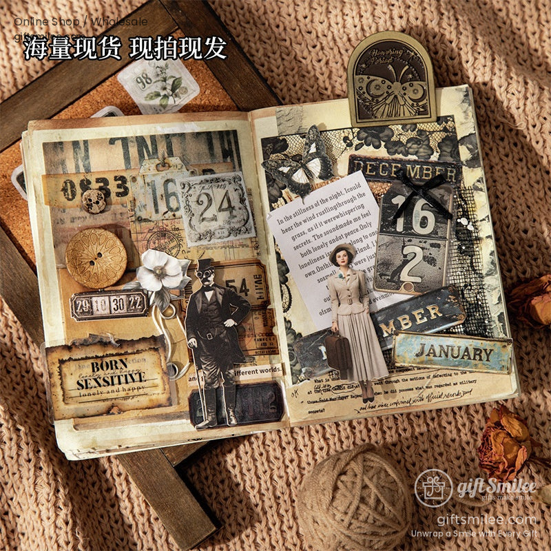 A completed scrapbook page with vintage-themed stickers, decorative tags, and nostalgic ephemera accents