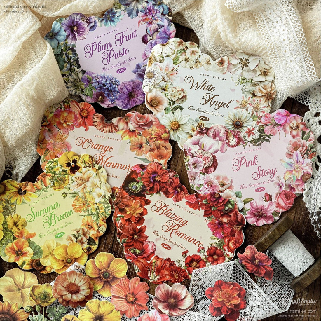 Vintage floral stickers with soft pastel hues on a wooden background