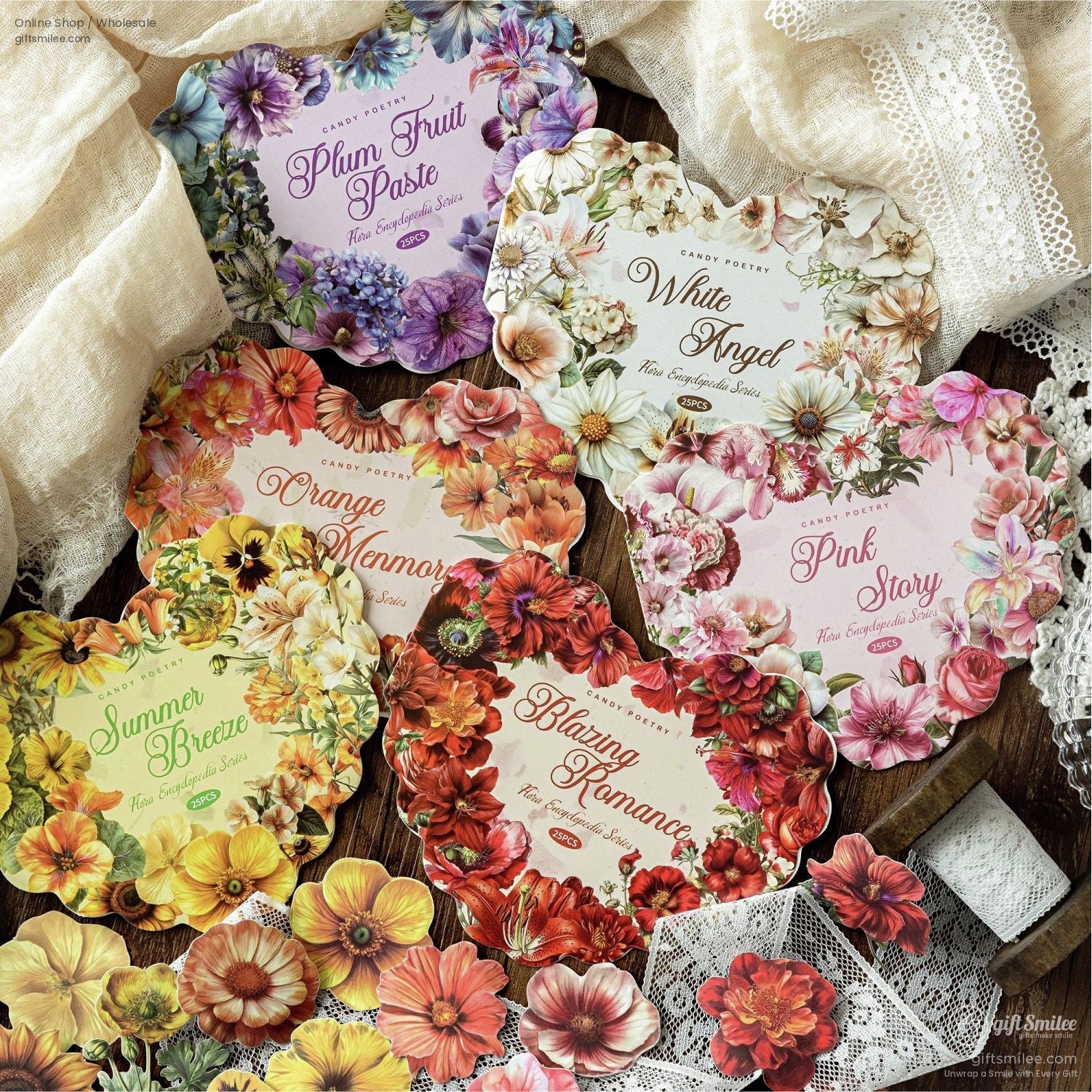 Six heart-shaped floral sticker sets labeled with themes like White Angel and Blazing Romance