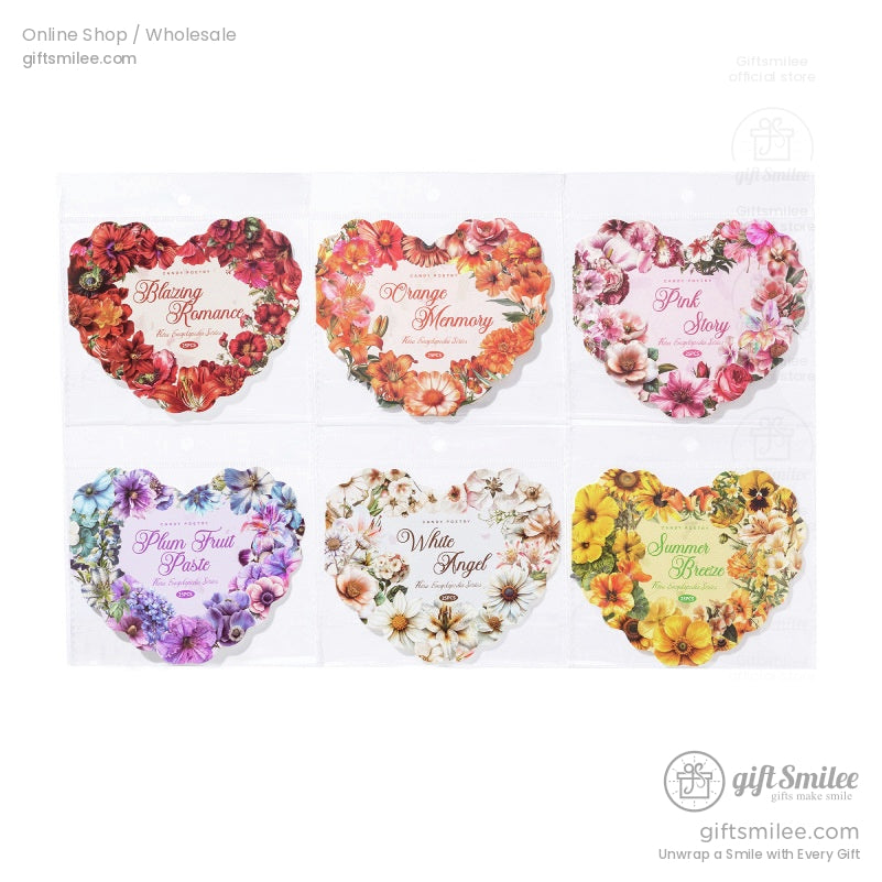 Six packaged floral sticker sets featuring bright and colorful flower designs