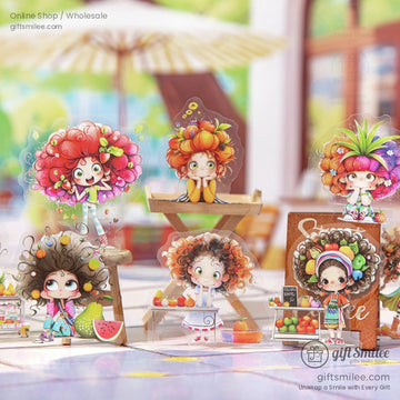 Acrylic stickers of whimsical cartoon girls with vibrant fruit-themed hair in a sunny market setting