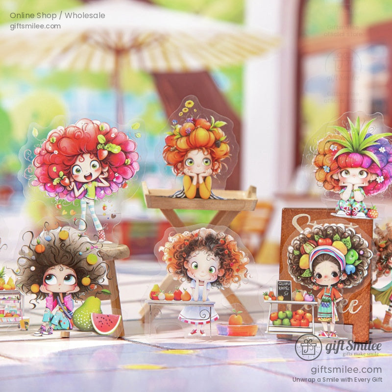 Acrylic stickers of whimsical cartoon girls with vibrant fruit-themed hair in a sunny market setting