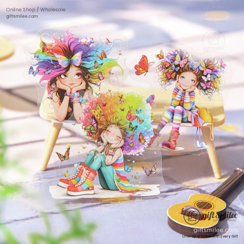 Charming stickers of girls with rainbow and butterfly-themed hair sitting on a bench with a guitar