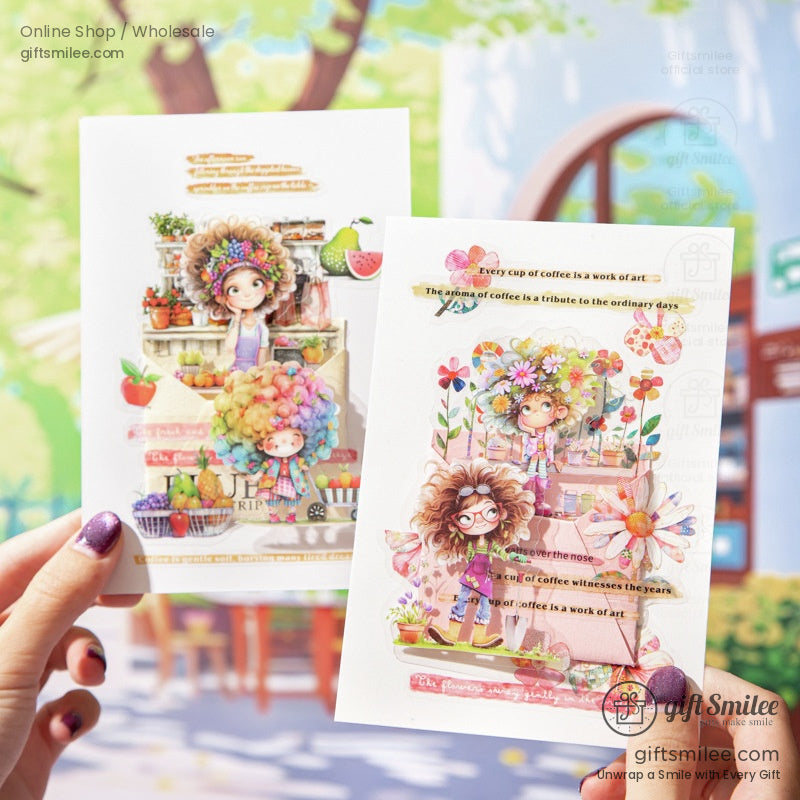 Whimsical sticker designs showcased on decorative postcards with bright floral and fruit accents