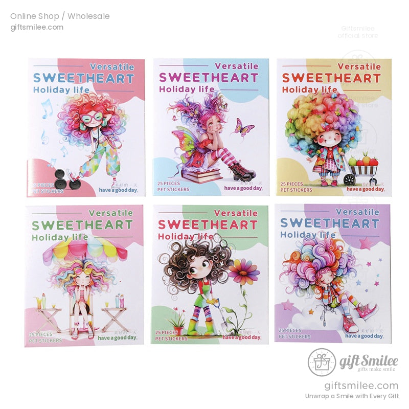 Sweetheart Holiday Life sticker packs with vivid cartoon girl designs in pastel packaging