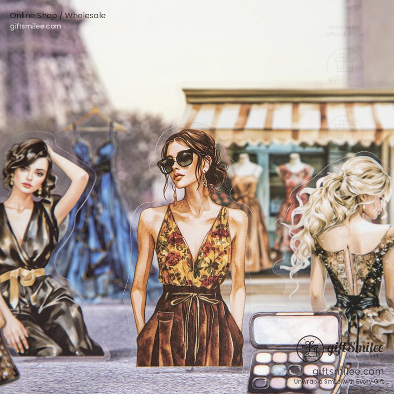 Glamorous Parisian fashion stickers featuring women in elegant dresses and sunglasses