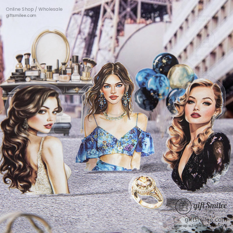 Vintage makeup-themed stickers with beauty essentials and Parisian backdrops