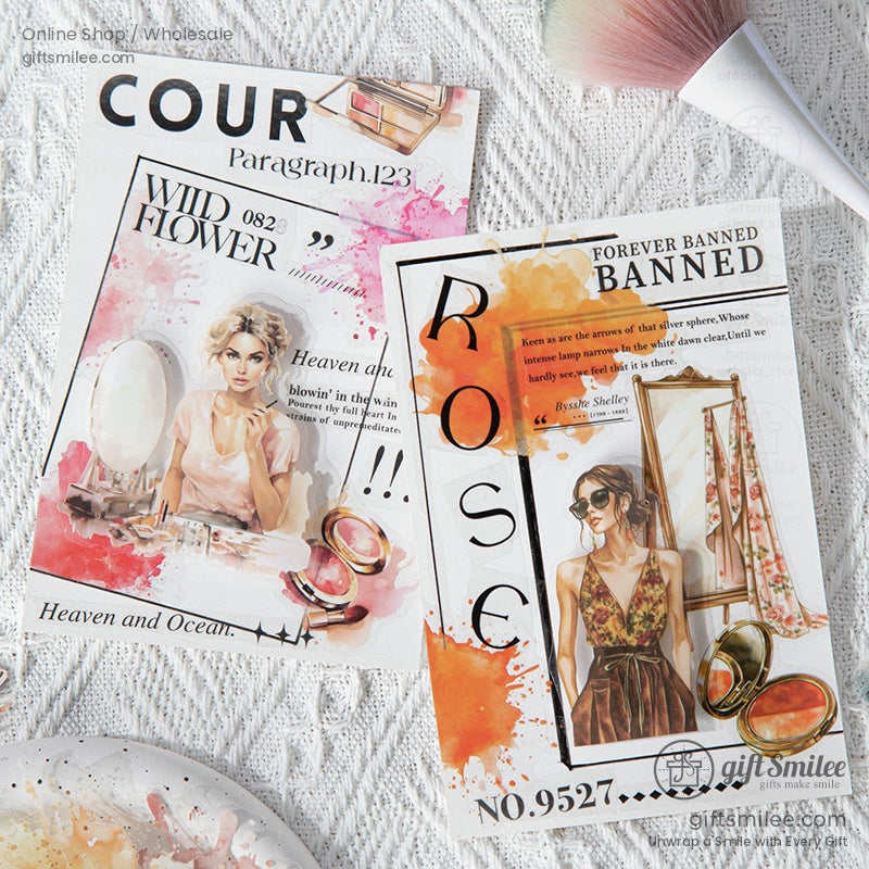 Artistic and feminine stickers with makeup palettes and fashion illustrations