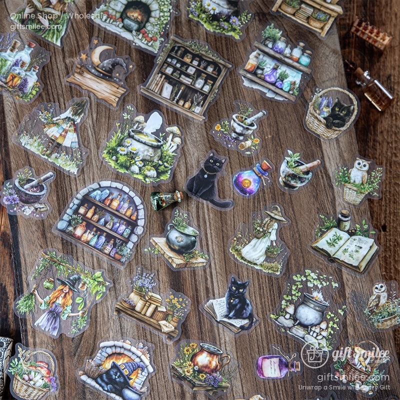 Assorted witchcraft-themed stickers, including potion bottles, cauldrons, and black cats, spread on a wooden background
