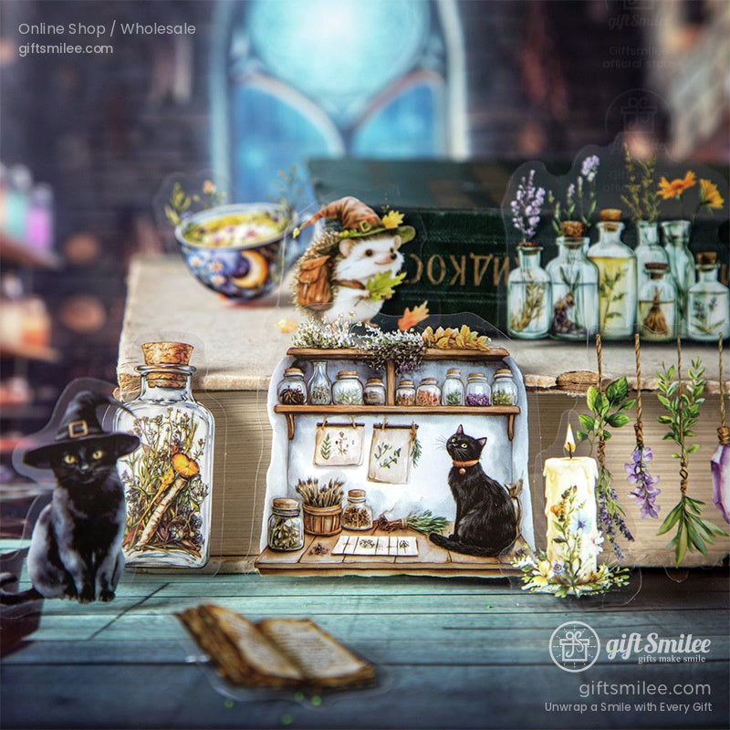 A cozy witchcraft-themed desk setup with potion jars, dried herbs, and a black cat near spellbooks