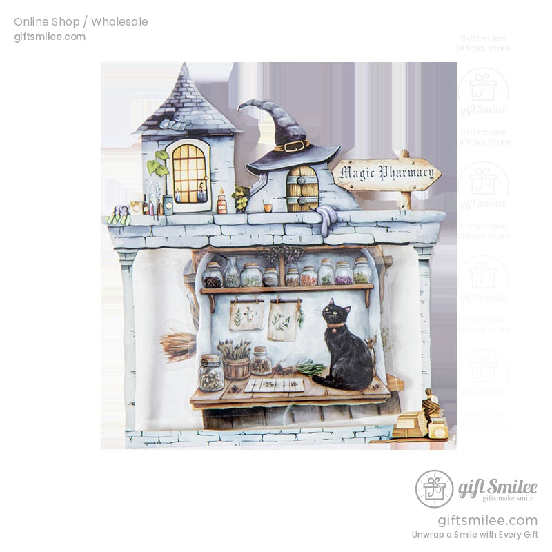 A whimsical magic pharmacy diorama featuring a black cat, potion bottles, and mystical decor in a charming structure