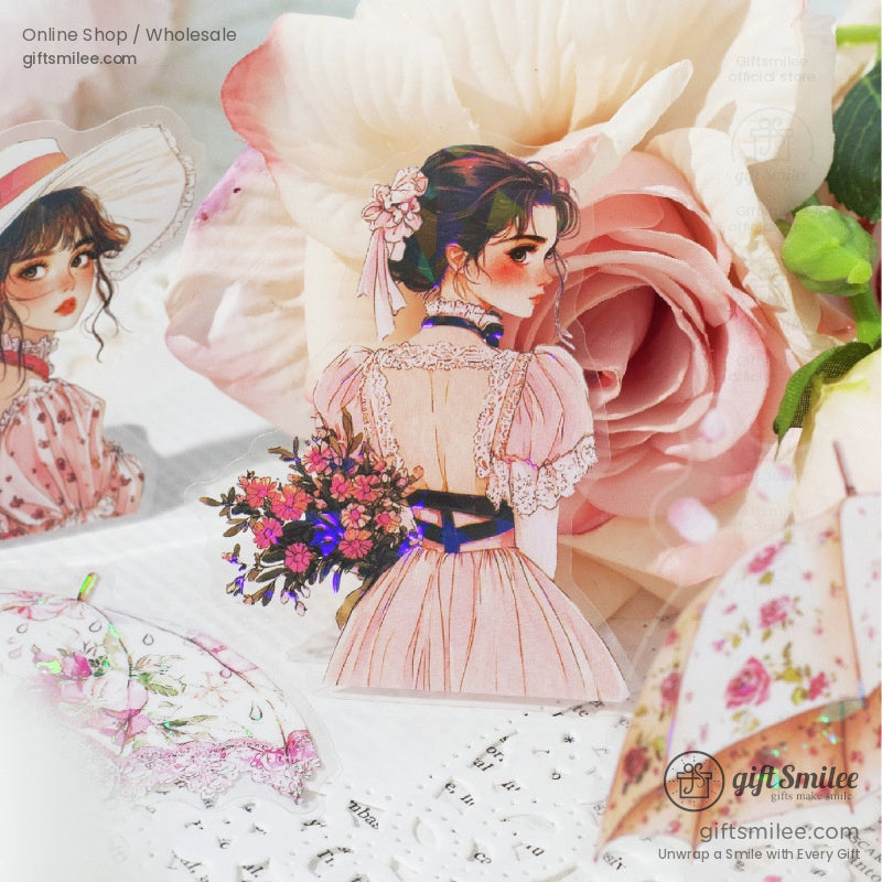 Romantic Victorian girl illustration with floral bouquet against a soft pink rose backdrop