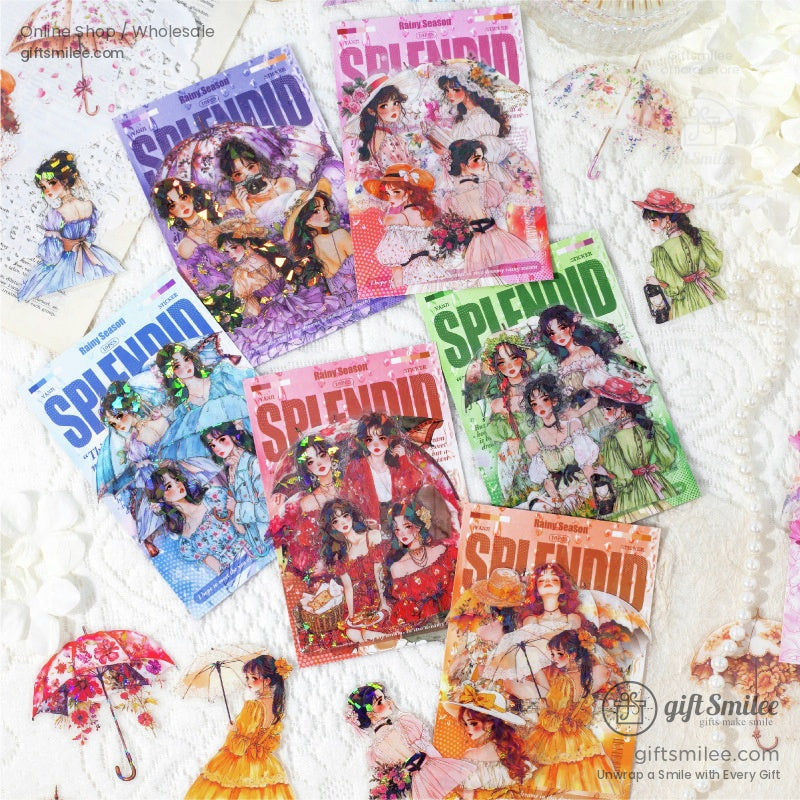 Six vintage-style sticker packs featuring elegant Victorian girls and floral umbrella designs