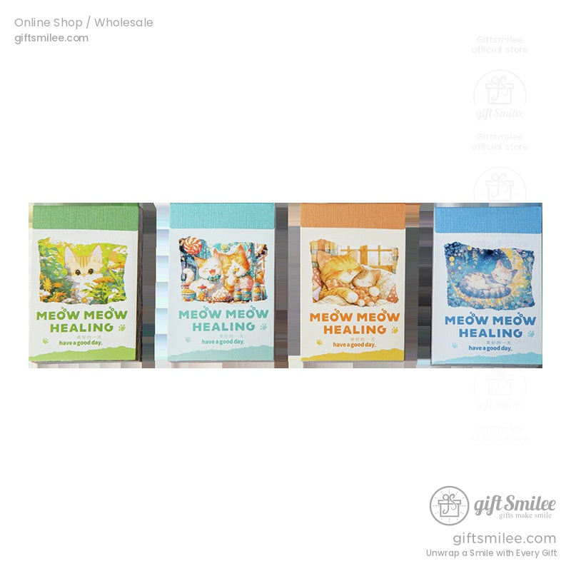 Lineup of four Meow Meow Healing mini notebooks featuring unique cat illustrations and Have a good day text