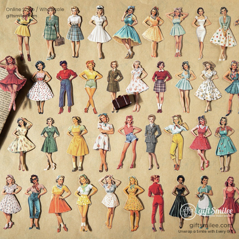 Collection of retro pin-up girl stickers displayed on a beige background