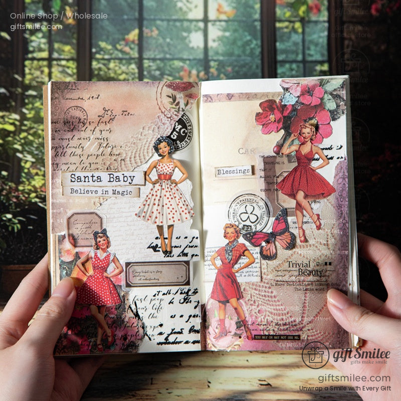 Handmade scrapbook featuring vintage pin-up girl stickers in artistic layouts