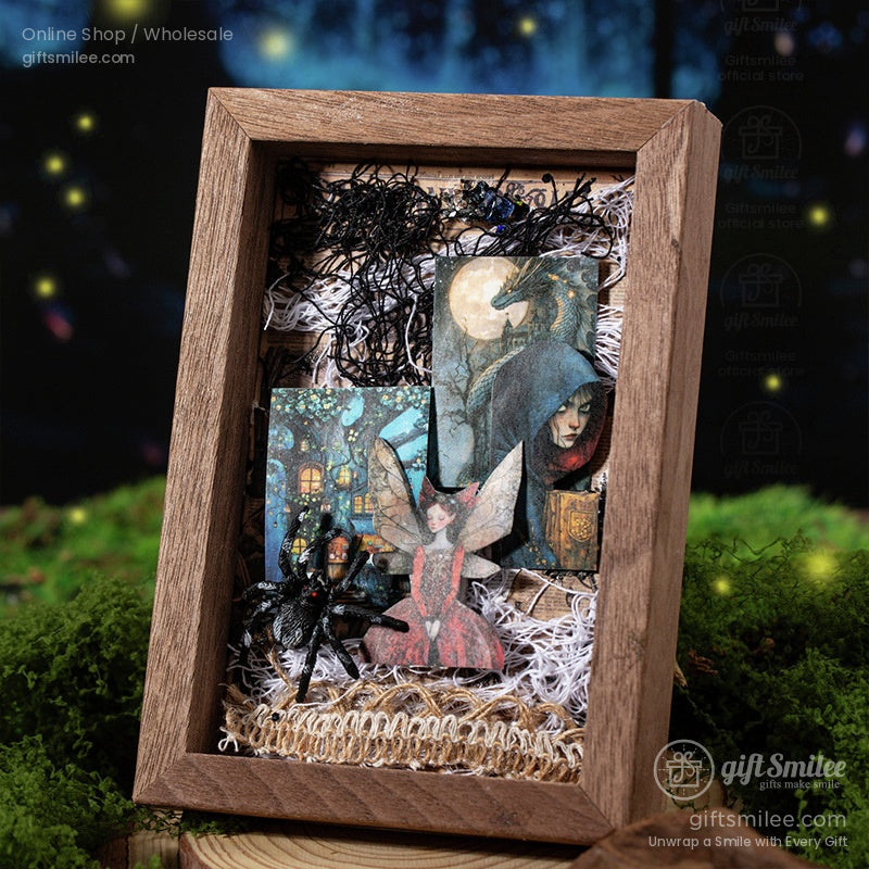 Framed fairy tale-inspired art pieces with magical character cutouts, displayed in a rustic and mystical setting