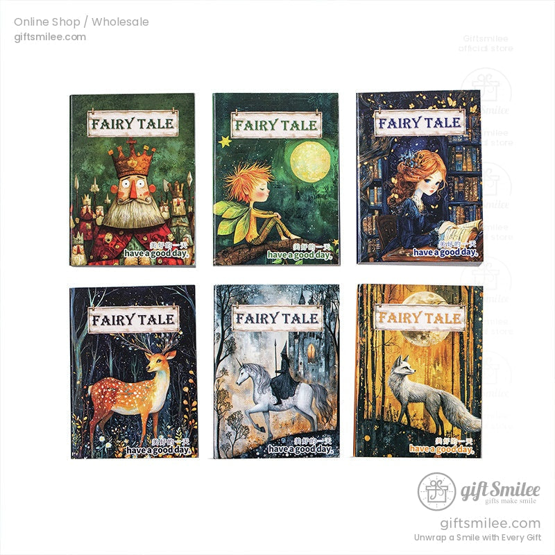 Close-up of six fairy tale mini notebook covers showcasing enchanted characters like a fairy, a deer, a knight, and a fox