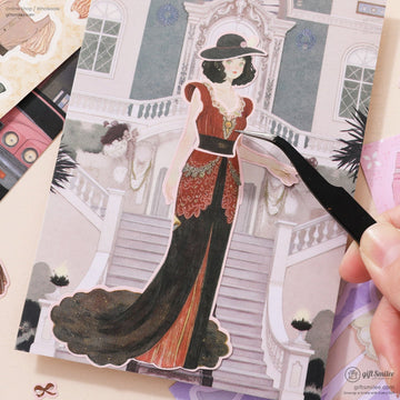 Elegant vintage paper doll sticker with 1940s retro fashion red gown