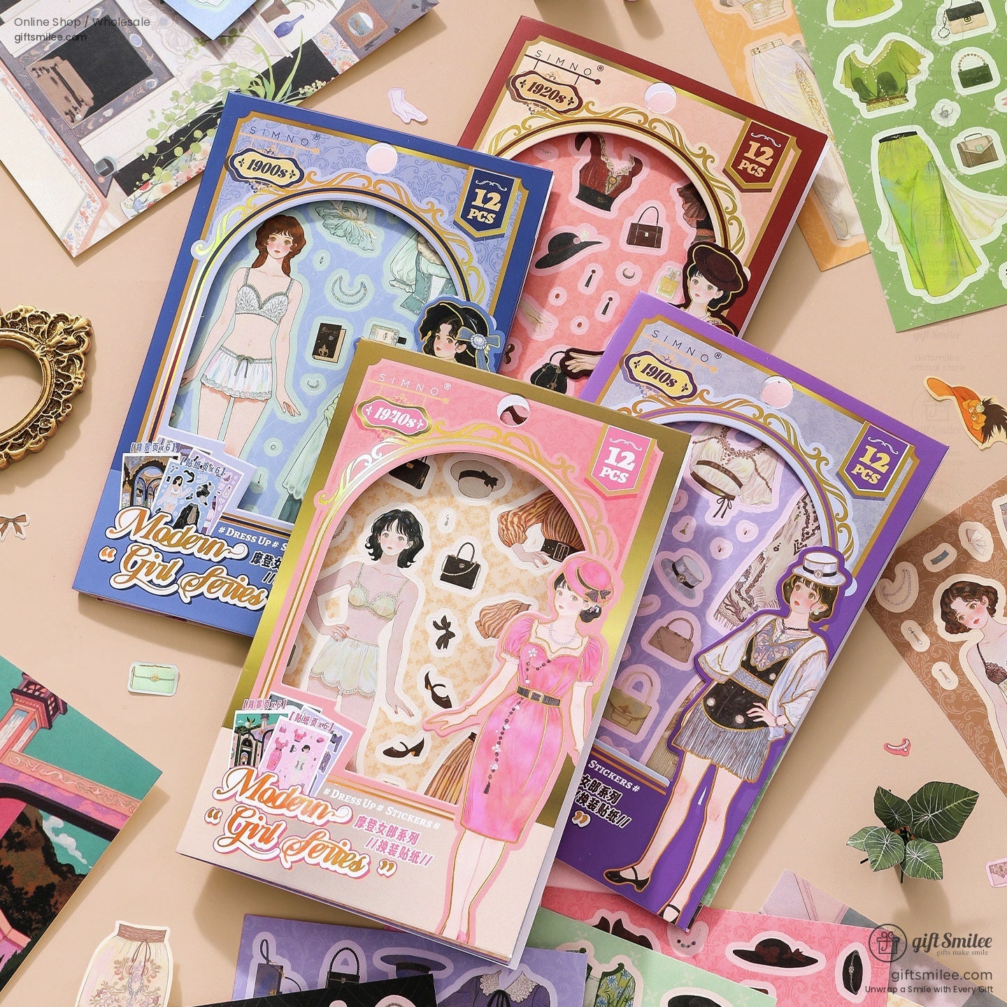 Set of 1940s style dress-up stickers featuring vintage fashion themes